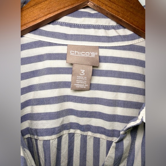 Chico's Nautical Blue Striped Poplin Tie Front Button Down Shirt Tunic Sz 3 - Picture 3 of 9